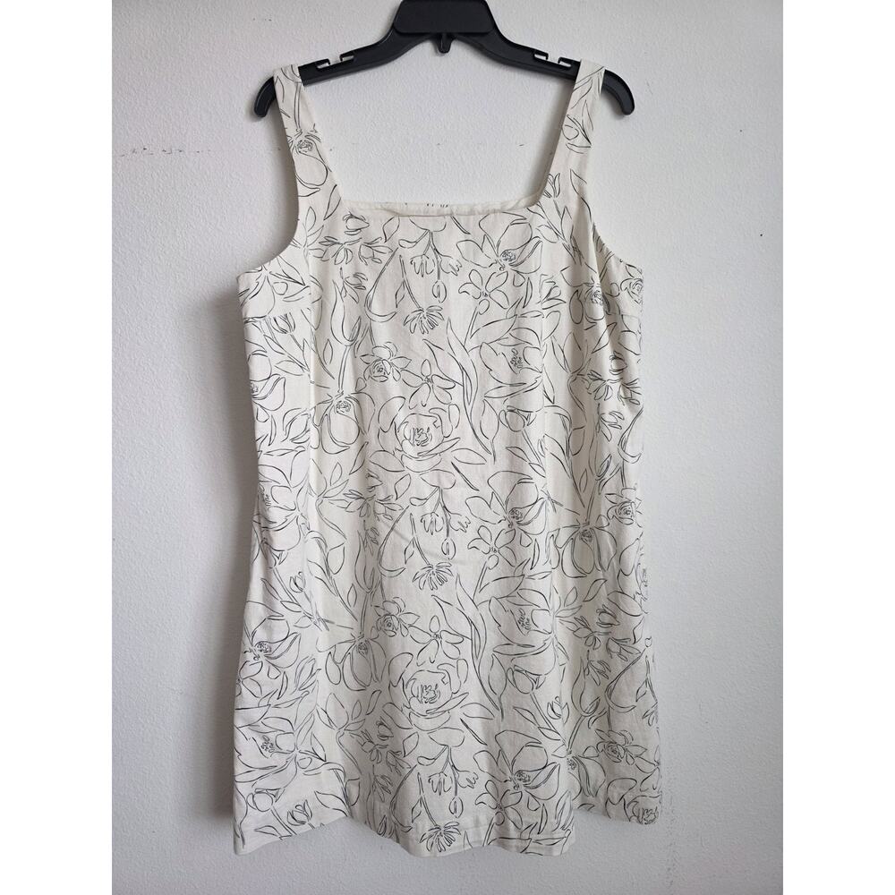 A New Day Womens Floral Linen Cotton Blend‎ Mini Dress Cream Black Sz L
